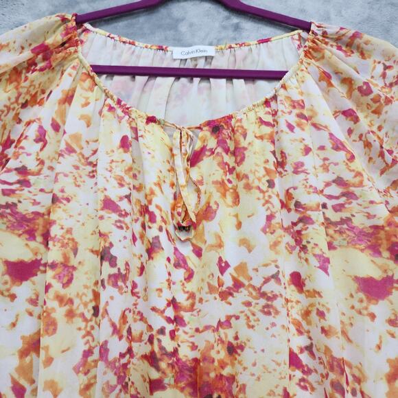 Calvin Klein Top Womens XL Orange Chiffon Lined Short Sleeve Blouson Peplum Tie - Picture 2 of 10